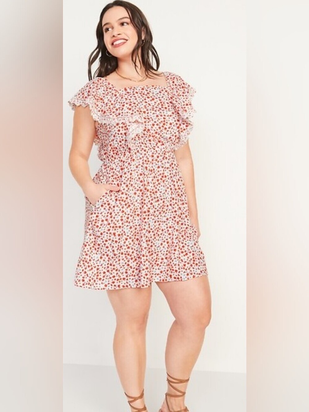 Old Navy Waist Defined Flutter Sleeve Mini Dress Size XL Floral Pocket Feminine